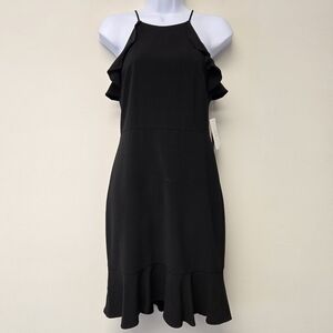 Halston High Neck Spaghetti Strap Ruffle Dress Black 2
